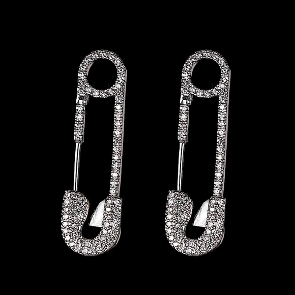 Rhinestone Silver Safety Pin Earrings - Picture 2 of 7